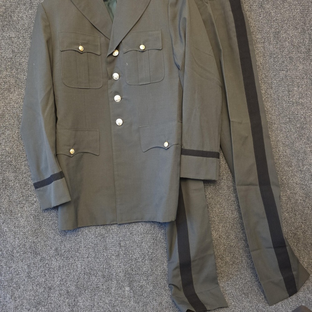 Vintage Sang Woo Suit Mens 44 Green Officer 2 Piece Gold Buttons Hong Kong